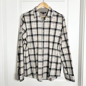 Michael Kors Tailored Fit Check Plaid Button Down Shirt - Beige & Black, Large